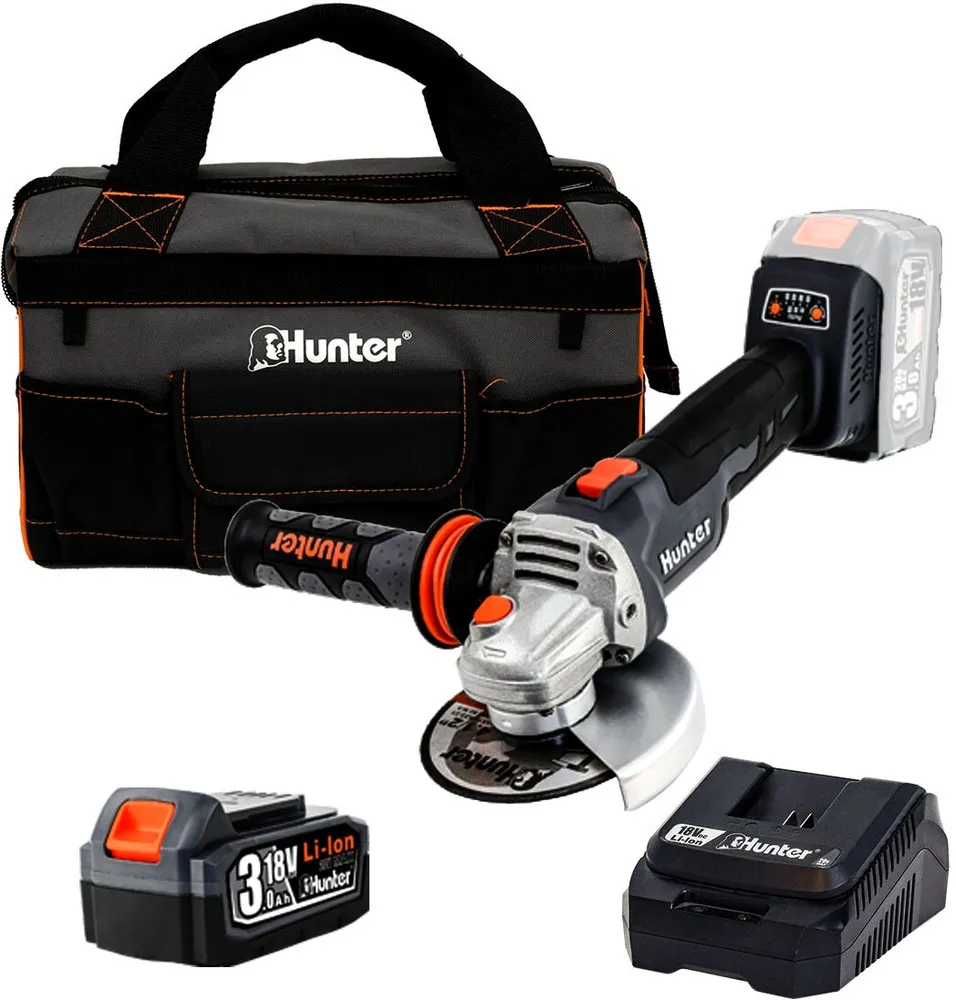 משחזת זווית נטענת 4.5" Hunter 100411-021 18V – עם סוללה 3Ah ומטען 3A