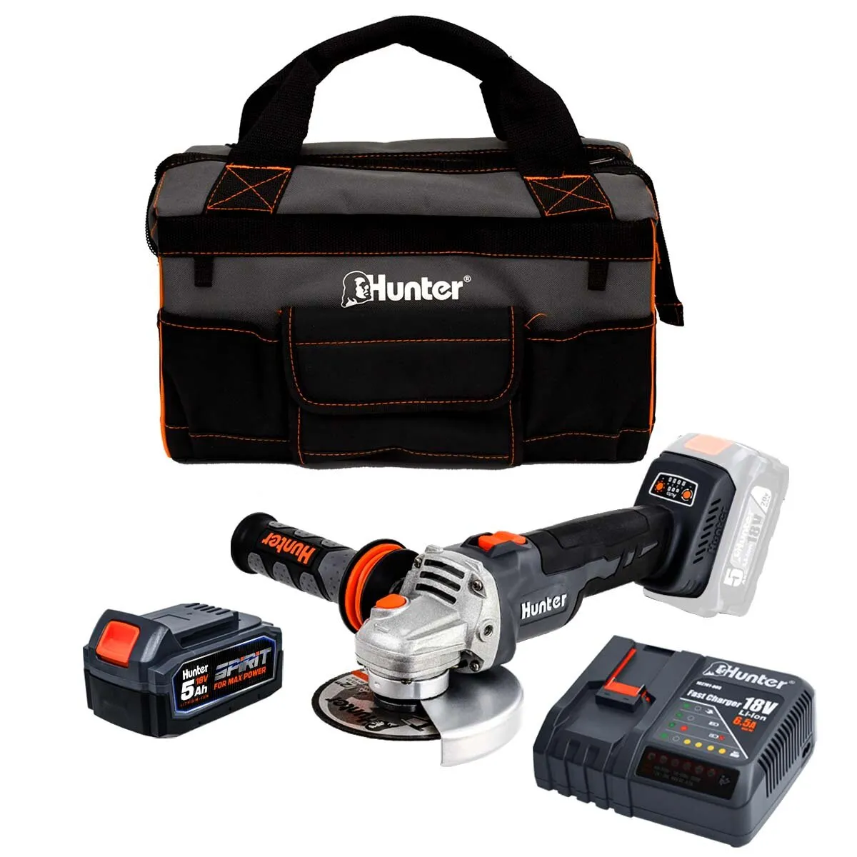 משחזת זווית נטענת 4.5" Hunter 100411-022 18V – עם סוללה 5Ah ומטען 6.5A
