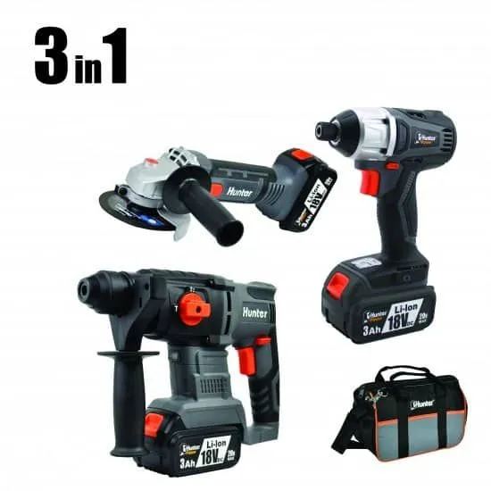 סט פטישון+מברגת אימפקט+משחזת Hunter 102700-002 – עם שתי סוללות 3Ah