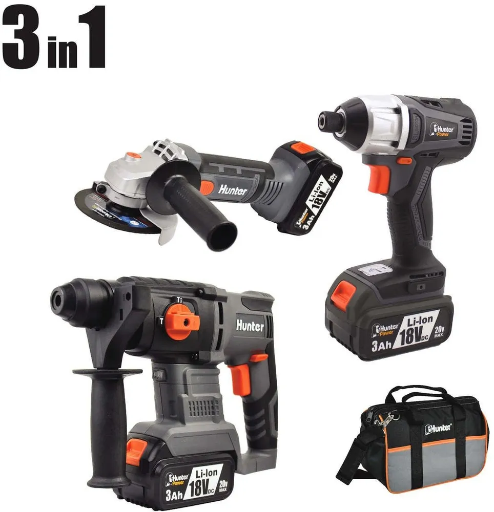 סט פטישון+מברגת אימפקט+משחזת Hunter 102700-010 – עם שתי סוללות 5Ah