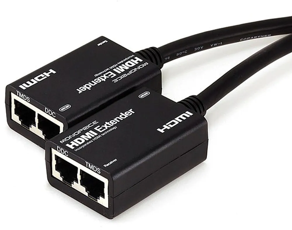 זוג משדר/מקלט HDMI על גבי שני כבלי רשת CAT5e/6 עם כבלי HDMI מובנים