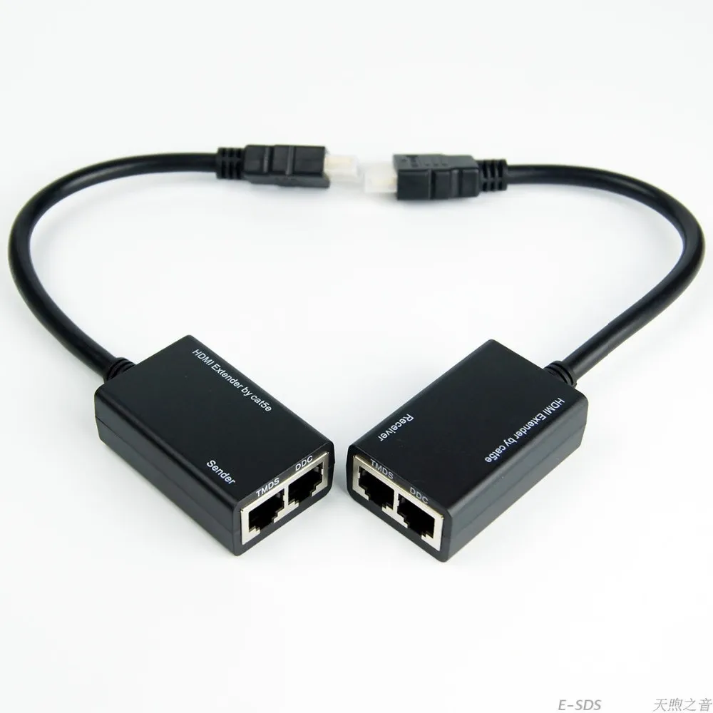 זוג משדר/מקלט HDMI על גבי שני כבלי רשת CAT5e/6 עם כבלי HDMI מובנים
