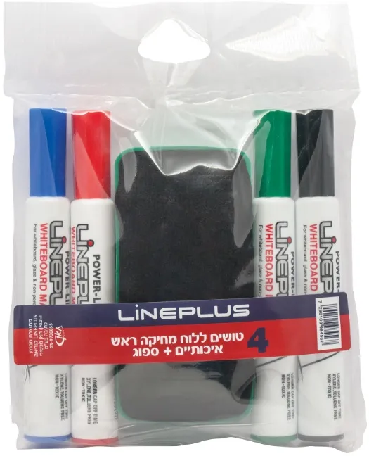 סט 4 טושים ללוח מחיק ראש שטוח + ספוג – מבית Line Plus