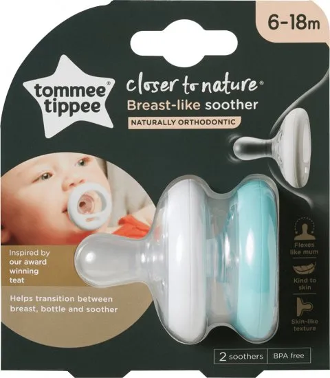 זוג מוצצים 6-18 חודשים Closer to Nature Breast Like – טורקיז לבן – מבית Tommee Tippee