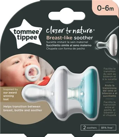 זוג מוצצים 0-6 חודשים Closer to Nature Breast Like – טורקיז לבן – מבית Tommee Tippee