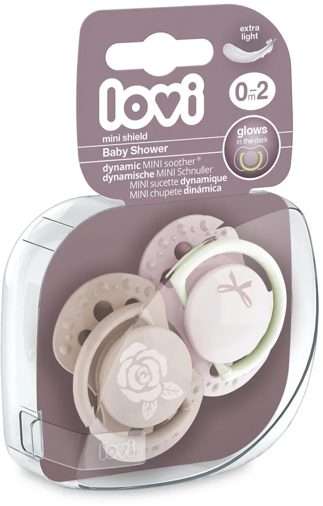 זוג מוצצי סיליקון מהדורת Baby Shower MINI מבית Lovi – ורוד (0-2 חודשים)