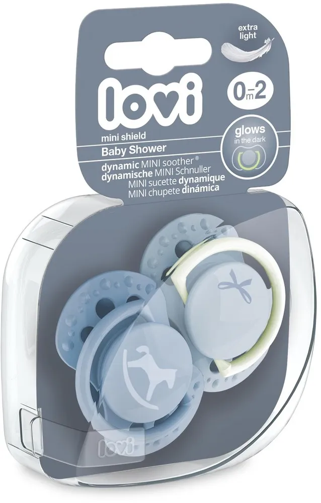 זוג מוצצי סיליקון מהדורת Baby Shower MINI מבית Lovi – כחול (0-2 חודשים)