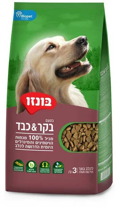 בונזו מזון יבש לכלבים בוגרים בטעם בקר וכבד 3 ק"ג