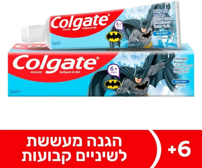 משחת שיניים קולגייט לילדים באטמן בטעם מנטה עדין לגילאי 6 פלוס – 50 מ"ל