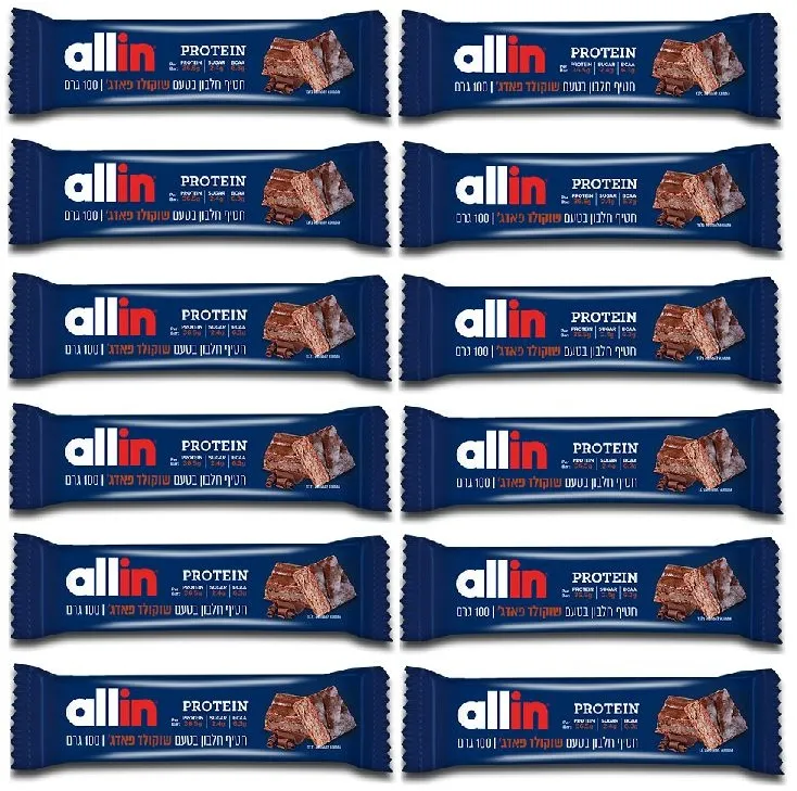 מארז 12 יחידות חטיף חלבון 100 גרם מבית Allin – בטעם שוקולד פאדג'