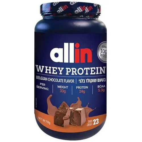 אבקת חלבון 759 גרם Whey בטעם שוקולד בלגי מבית Allin