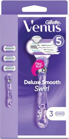 סכין גילוח רב פעמי Gillette Venus Deluxe Smooth Swirl לנשים חמישה להבים + ידית – כולל 3 סכינים