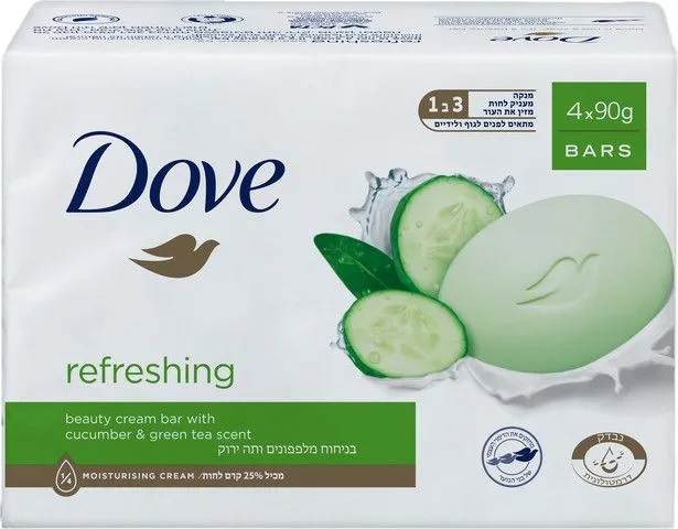 Dove – אל סבון מוצק מלפפונים ותה ירוק – סך הכל 4 יחידות באריזה 90 גרם כל אחד
