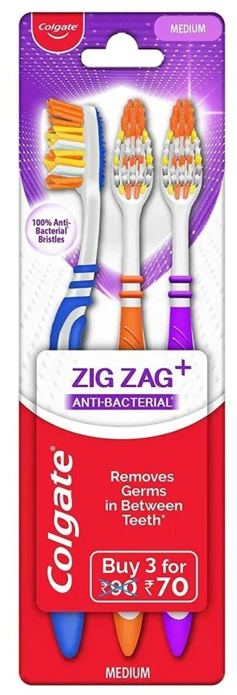שלישיית מברשות שיניים קולגייט Zig Zag בגודל מדיום