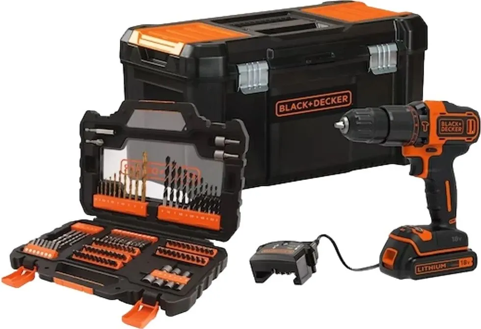 מברגה / מקדחה דופקת 18V + סוללת 1.5Ah + מטען + סט אביזרים 104 חלקים + ארגז כלים Black+Decker BDCHD18S1KA-QW