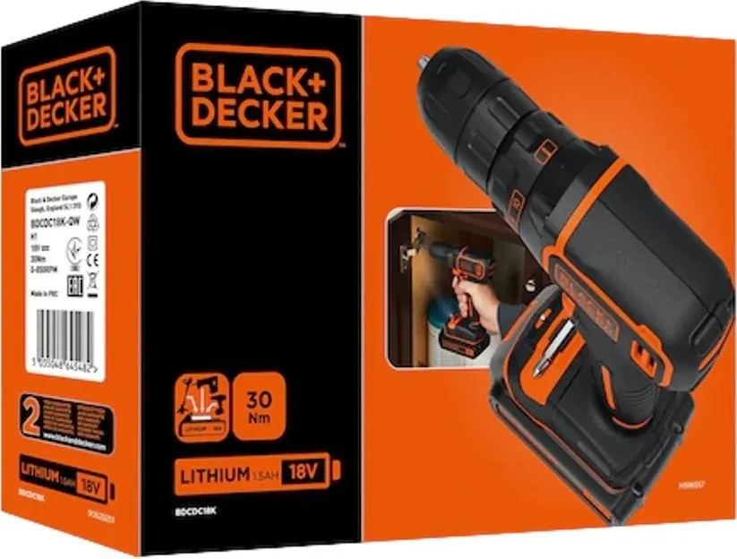 מברגה / מקדחת פוטר 18V + סוללת 1.5Ah + מטען Black+Decker BDCDC18-QW