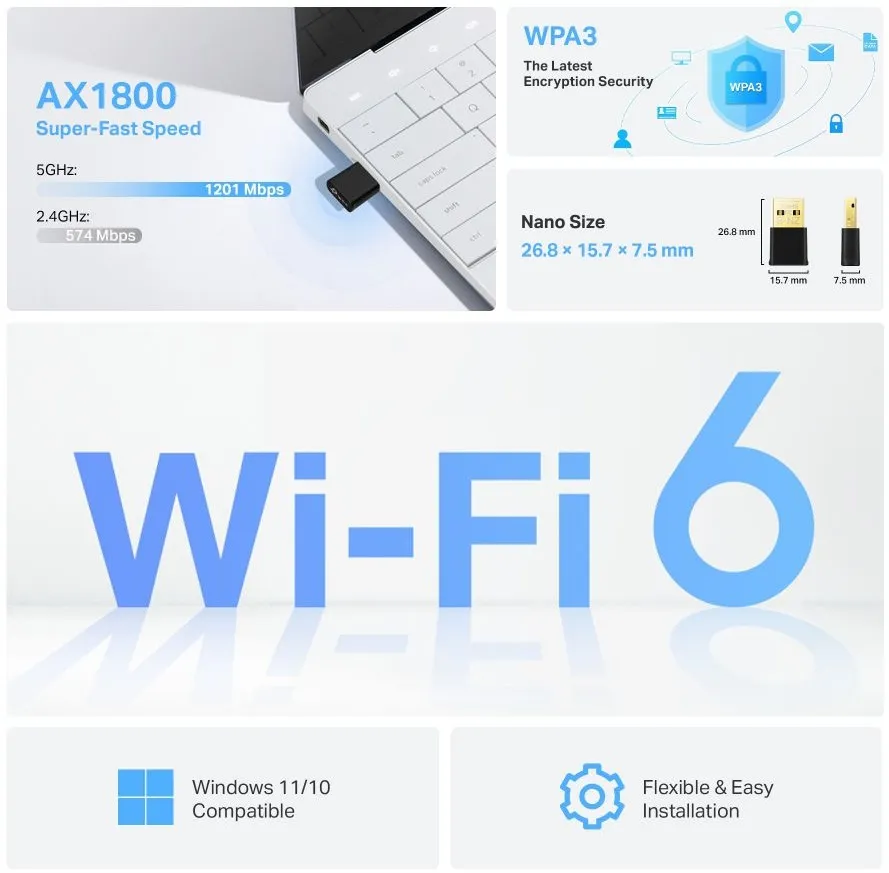 מתאם רשת אלחוטי TP-Link AX1800 WiFi 6 Archer TX20U Nano