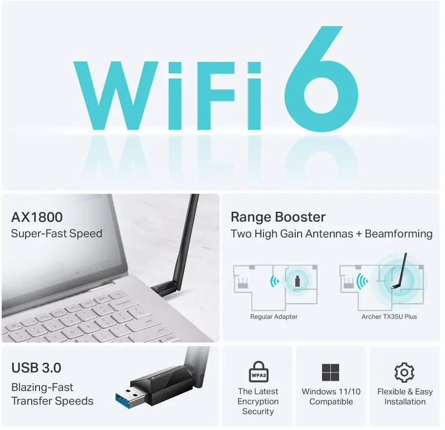 מתאם רשת אלחוטי TP-Link AX1800 WiFi 6 Archer TX35U Plus