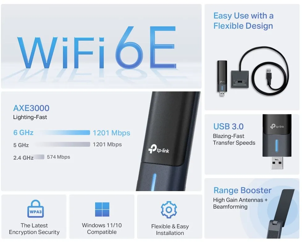 מתאם רשת אלחוטי TP-Link AXE3000 WiFi 6E Archer TXE50UH USB