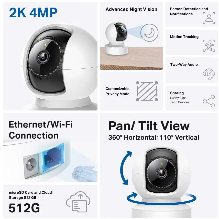 מצלמת אבטחה אלחוטית TP-Link Pan / Tilt AI Tapo C222
