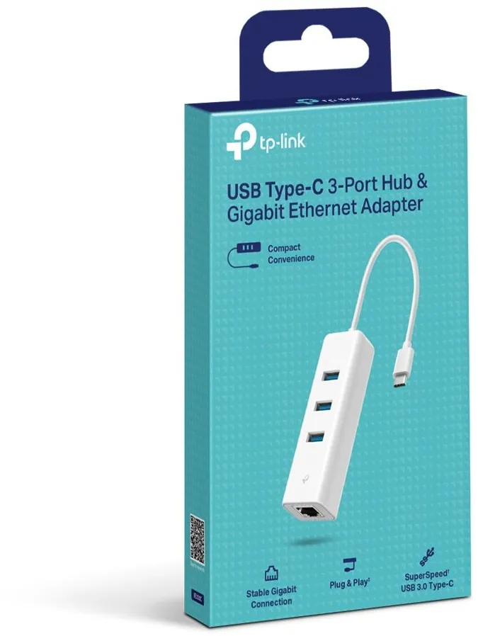 מפצל USB Type-C לחיבור רשת RJ45 עם 3 חיבורי TP-Link UE330C USB 3.0