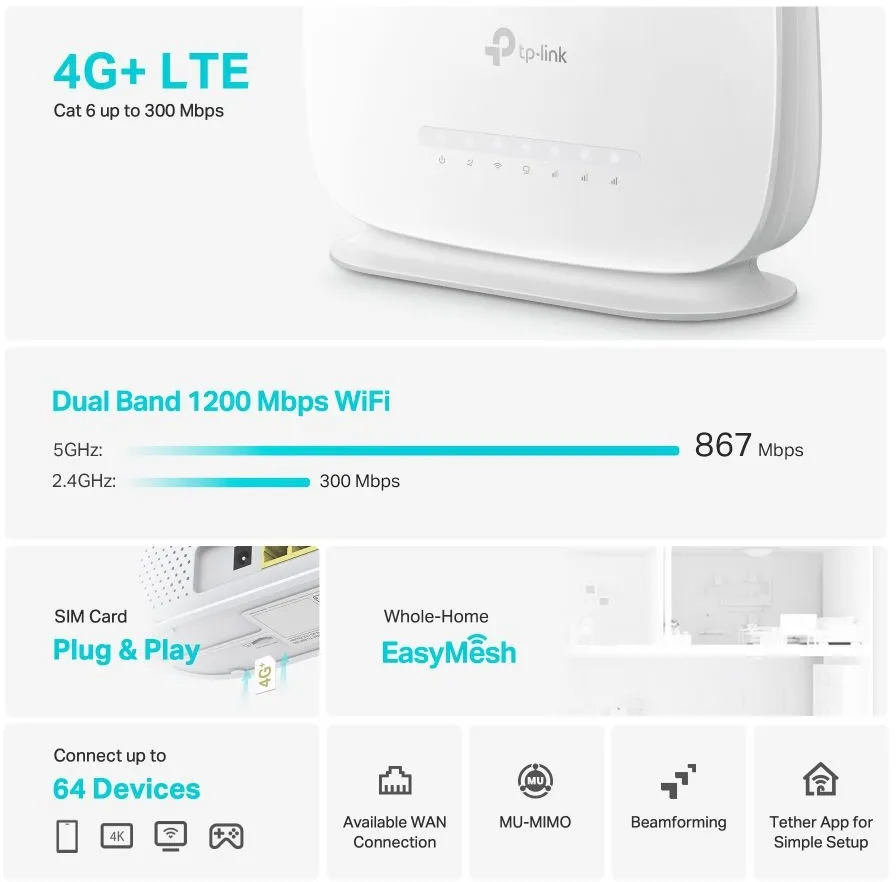 ראוטר אלחוטי סלולרי TP-Link Archer MR505 4G+ AC1200 Dual Band