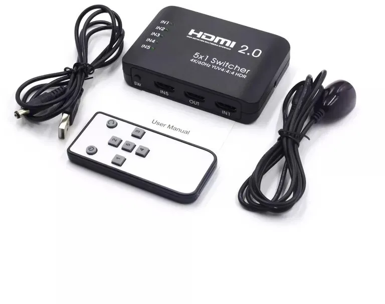 מפצל HDMI2.0 4K Ultra HD בעל 5 כניסות ויציאה אחת עם שלט מבית Gold Touch
