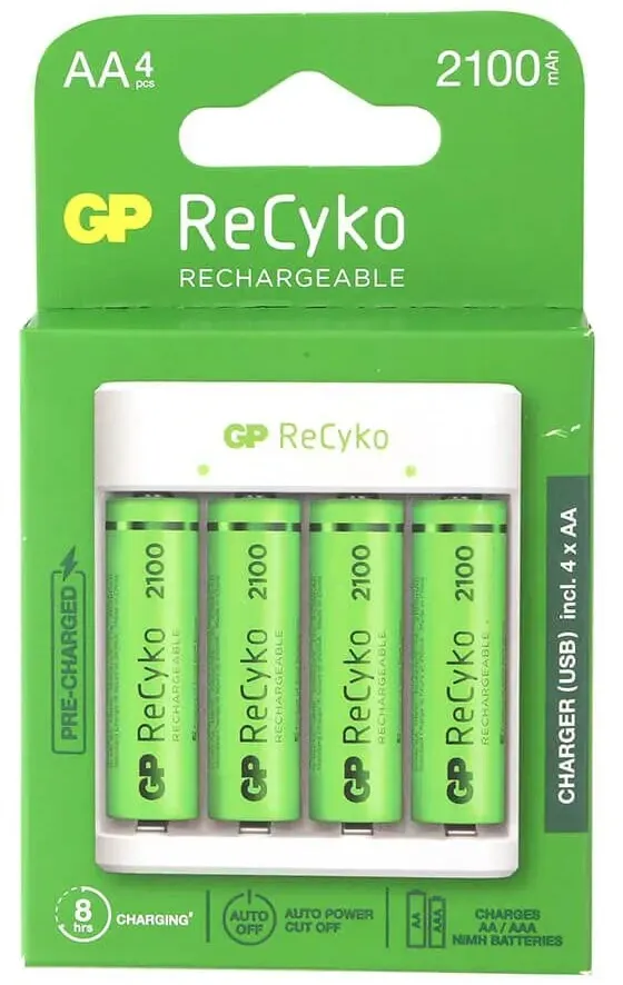 מטען 4 סוללות USB כולל 4 סוללות AA נטענות GP Recyko 2100mAh