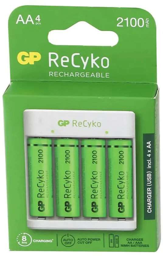 מטען 4 סוללות USB כולל 4 סוללות AA נטענות GP GPACSE411016 Recyko 2100mAh