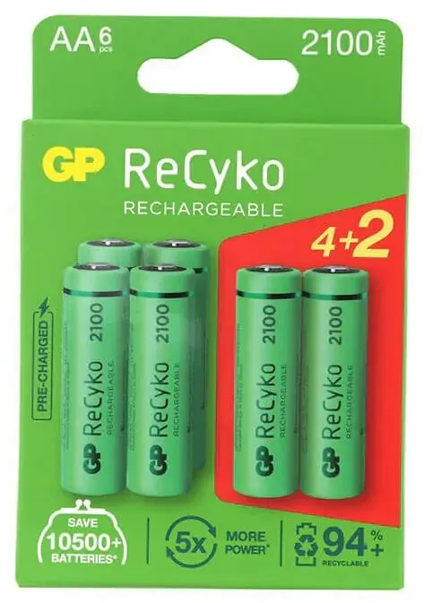 6 סוללות נטענות GP GPRHC212C184 AA