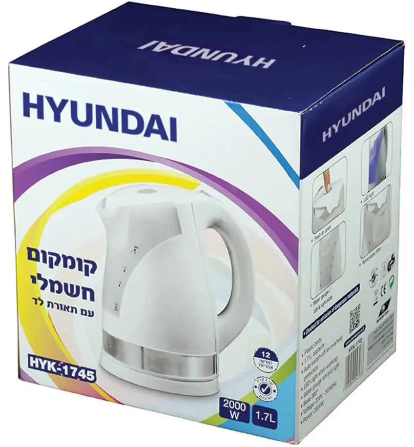 קומקום פלסטיק Hyundai HYK-1745 2000W 1.7L – בצבע לבן