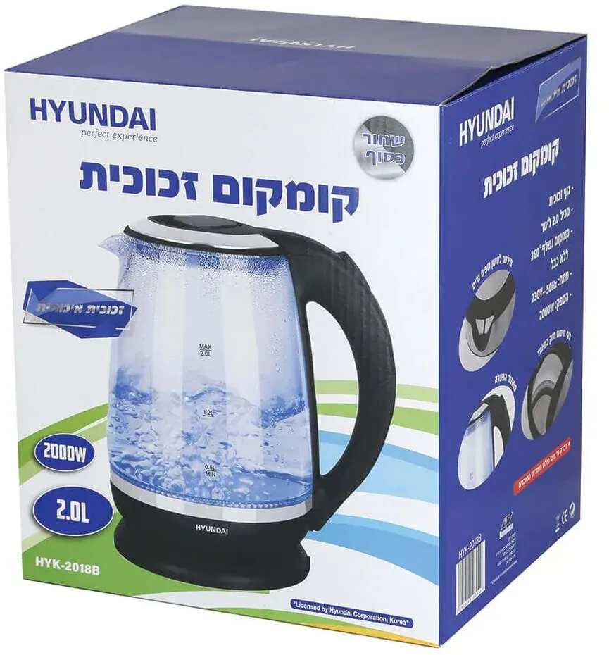 קומקום זכוכית Hyundai HYK-2018B 2000W 2L – בצבע שחור