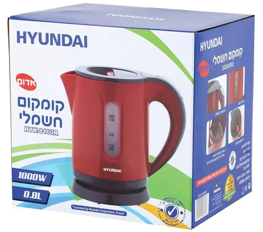 קומקום פלסטיק Hyundai HYK-8160R 1000W 0.8L – בצבע אדום