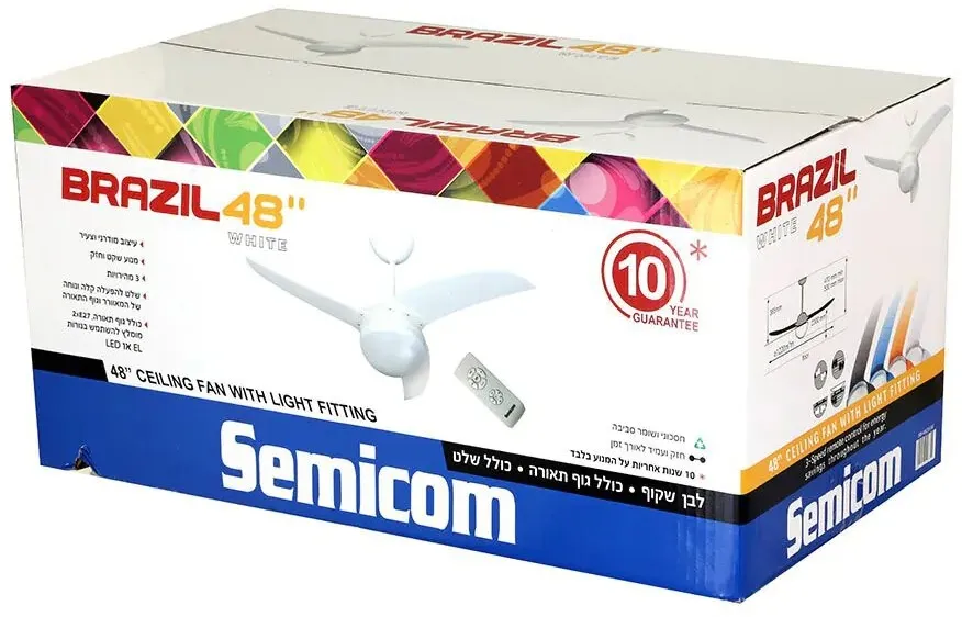 מאוורר תקרה Semicom SM-48C01/W 48" סדרה: BRAZIL בצבע לבן