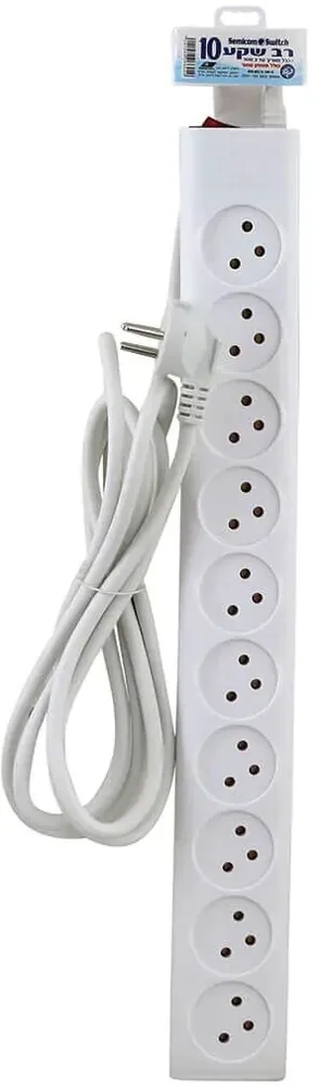 רב שקע 10 שקעים Semicom SW-MS10-3M+S כולל מפסק באורך 3 מטר