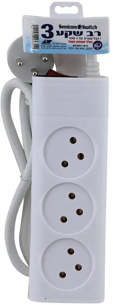 רב שקע 3 שקעים Semicom SW-MS3-1M+S כולל מפסק באורך 1 מטר