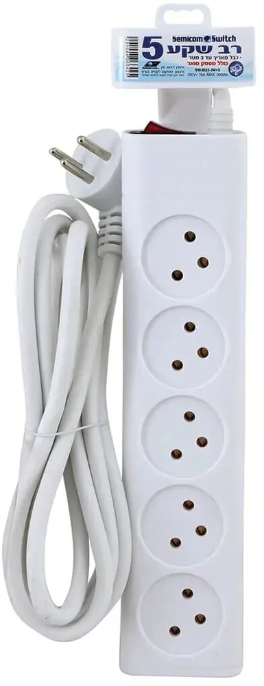 רב שקע 5 שקעים Semicom SW-MS5-3M+S כולל מפסק באורך 3 מטר