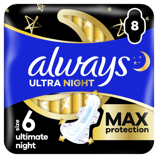 תחבושות Always Ultra Ultimate Night לילה מידה 6 עם כנפיים – 8 יחידות