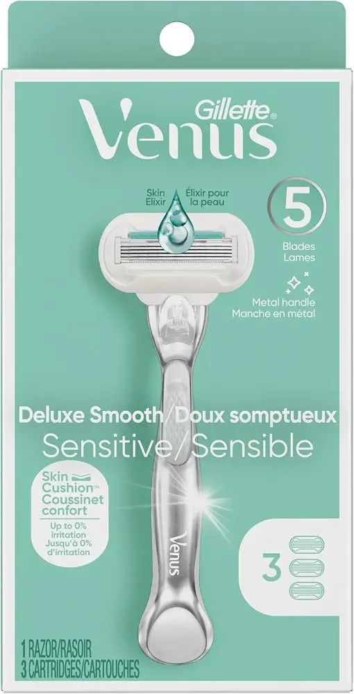 סכיני גילוח רב-פעמיים לאישה Gillette Venus Deluxe Smooth Sensitive חמישה להבים – סך הכל 3 סכינים עם ידית