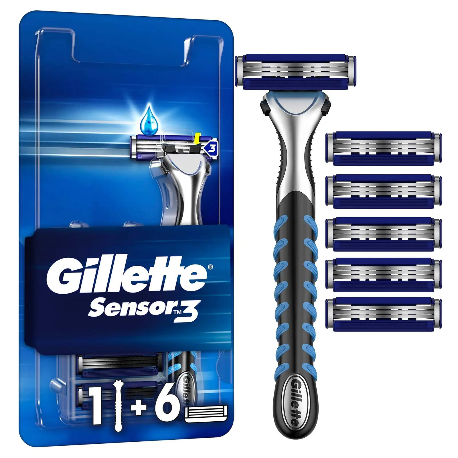 סכיני גילוח רב-פעמיים לגבר Gillette Sensor 3 שלושה להבים – סך הכל 6 סכינים עם ידית