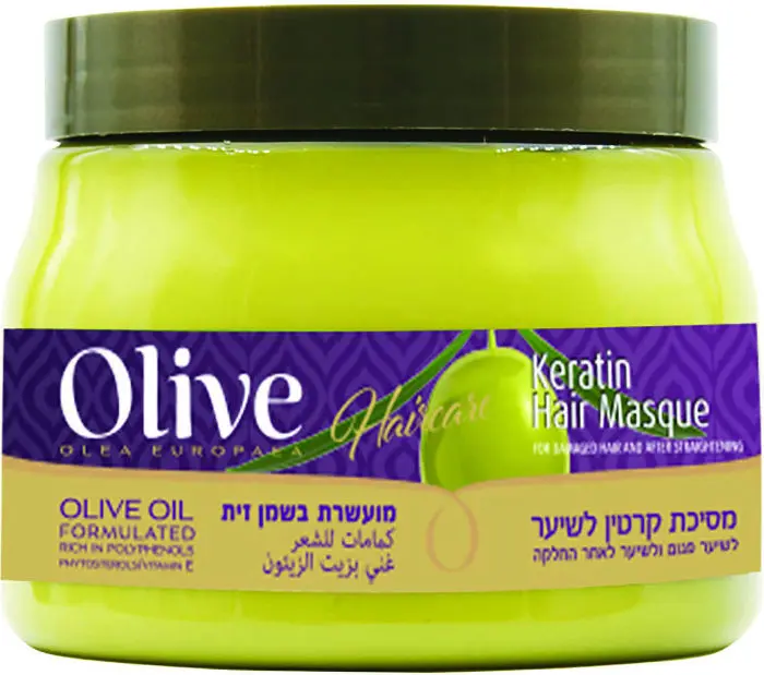 מסכת שיער לשיקום שיער יבש, פגום ולאחר החלקה עם קרטין, שמן זית אורגני וחמאת שיאה Olive – בנפח 500 מ"ל
