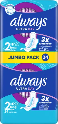 תחבושות Always Ultra לונג (מידה 2) עם כנפיים – 24 יחידות