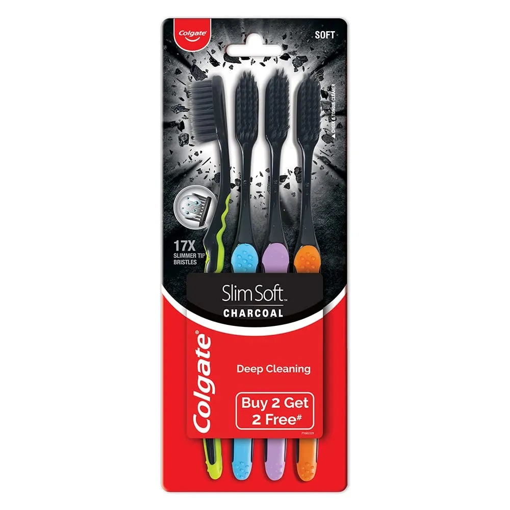 רביעיית מברשות שיניים רכות עם סיבי פחם Colgate Slim Soft Charcoal