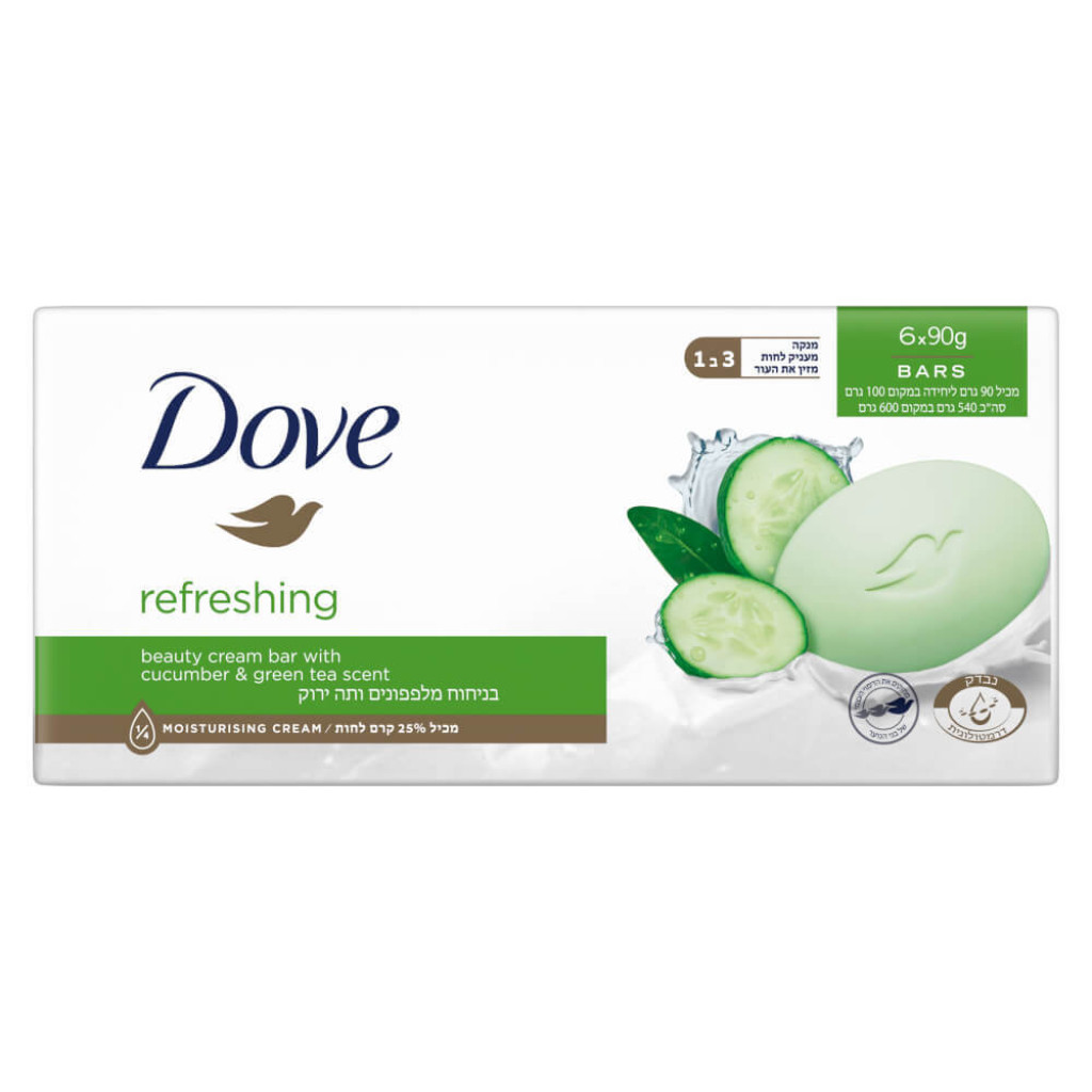 סבון מוצק בניחוח מלפפונים ותה ירוק מבית Dove – בנפח 90 גרם – שש יחידות