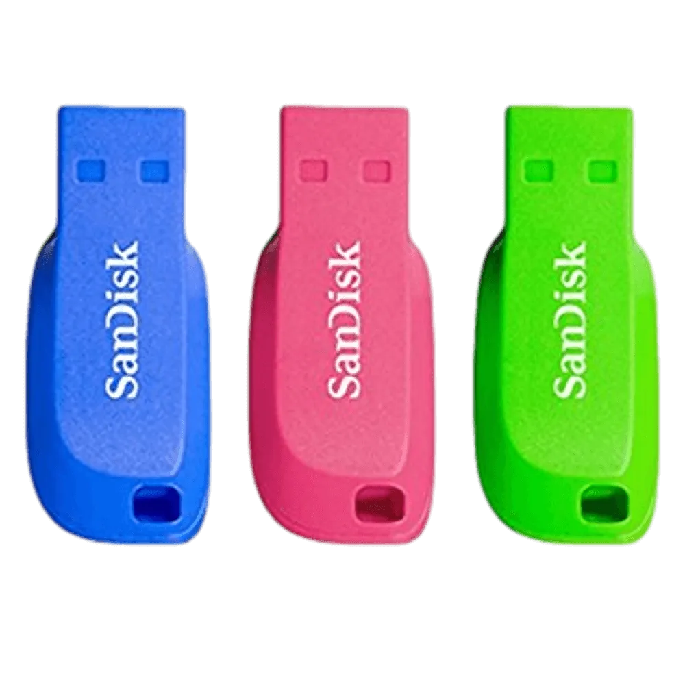 זיכרון נייד SanDisk Cruzer Blade USB 2.0 – דגם SDCZ50C-016G-B46T – נפח 16GB – בצבע כחול, ירוק וורוד – מארז 3 יחידות