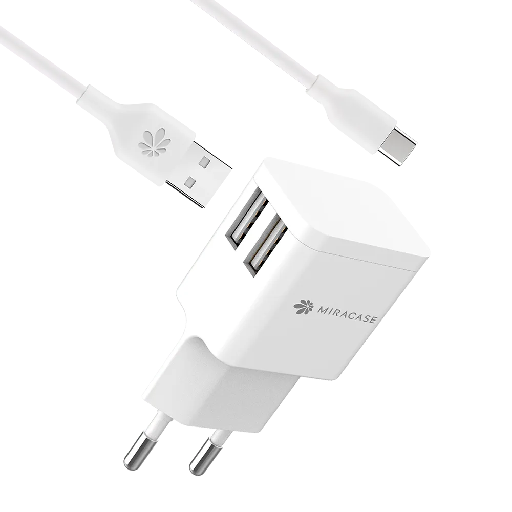 מטען קיר כפול עם כבל מיקרו מבית Miracase דגם Mwc244 – בצבע לבן