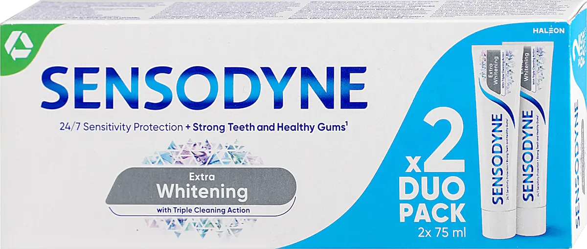 זוג משחות שיניים מלבינות לשיניים רגישות Sensodyne Extra Whitening – בנפח 2X75 מ"ל