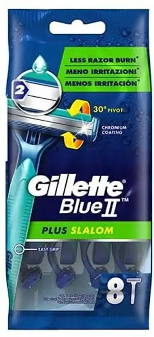 סכיני גילוח חד-פעמיים לגבר Gillette Blue II Plus Slalom שני להבים – סך הכל 8 סכינים