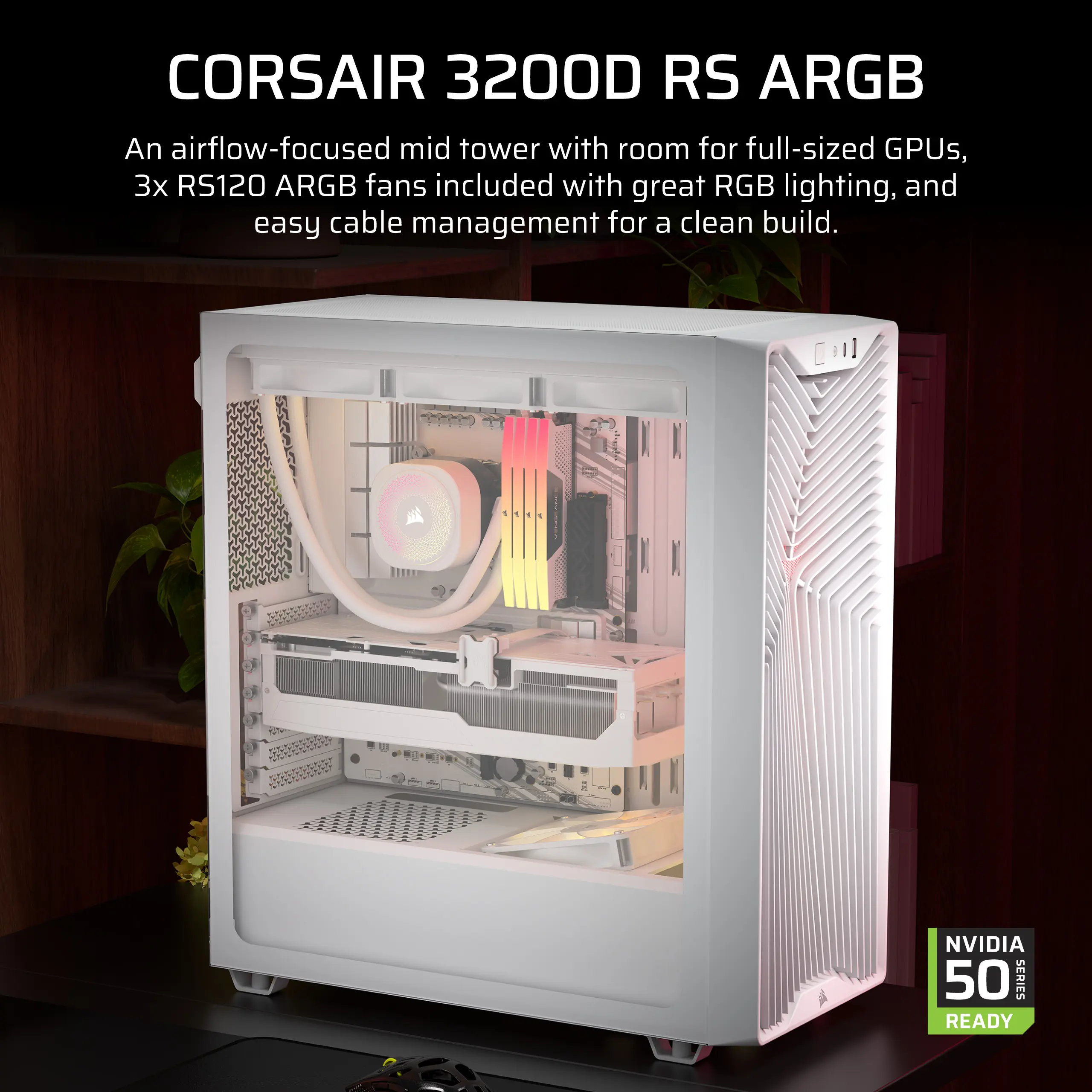 מארז מחשב ללא ספק Corsair 3200D RS ARGB ATX Mid Tower – צבע לבן