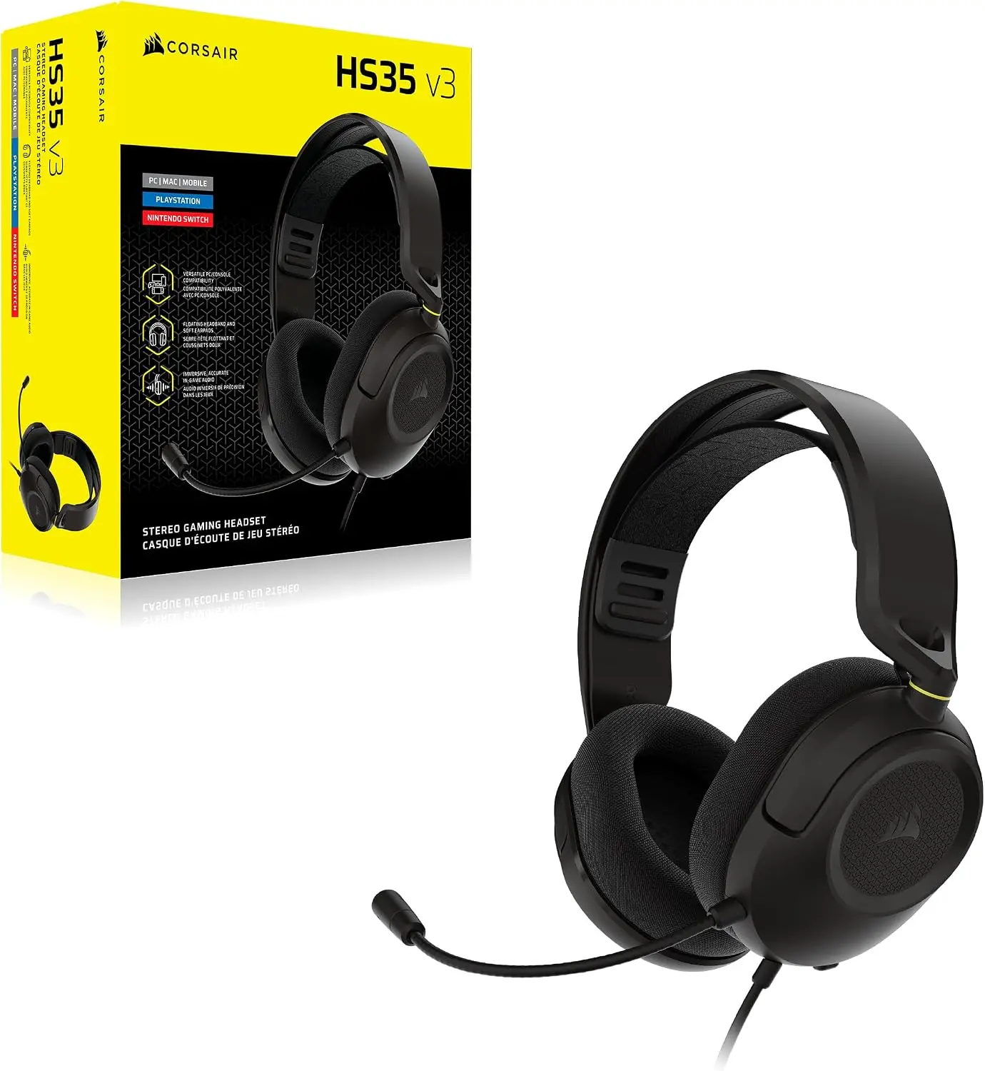 אוזניות גיימינג קשת Over-Ear חוטיות עם מיקרופון Corsair HS35 v3 – צבע שחור